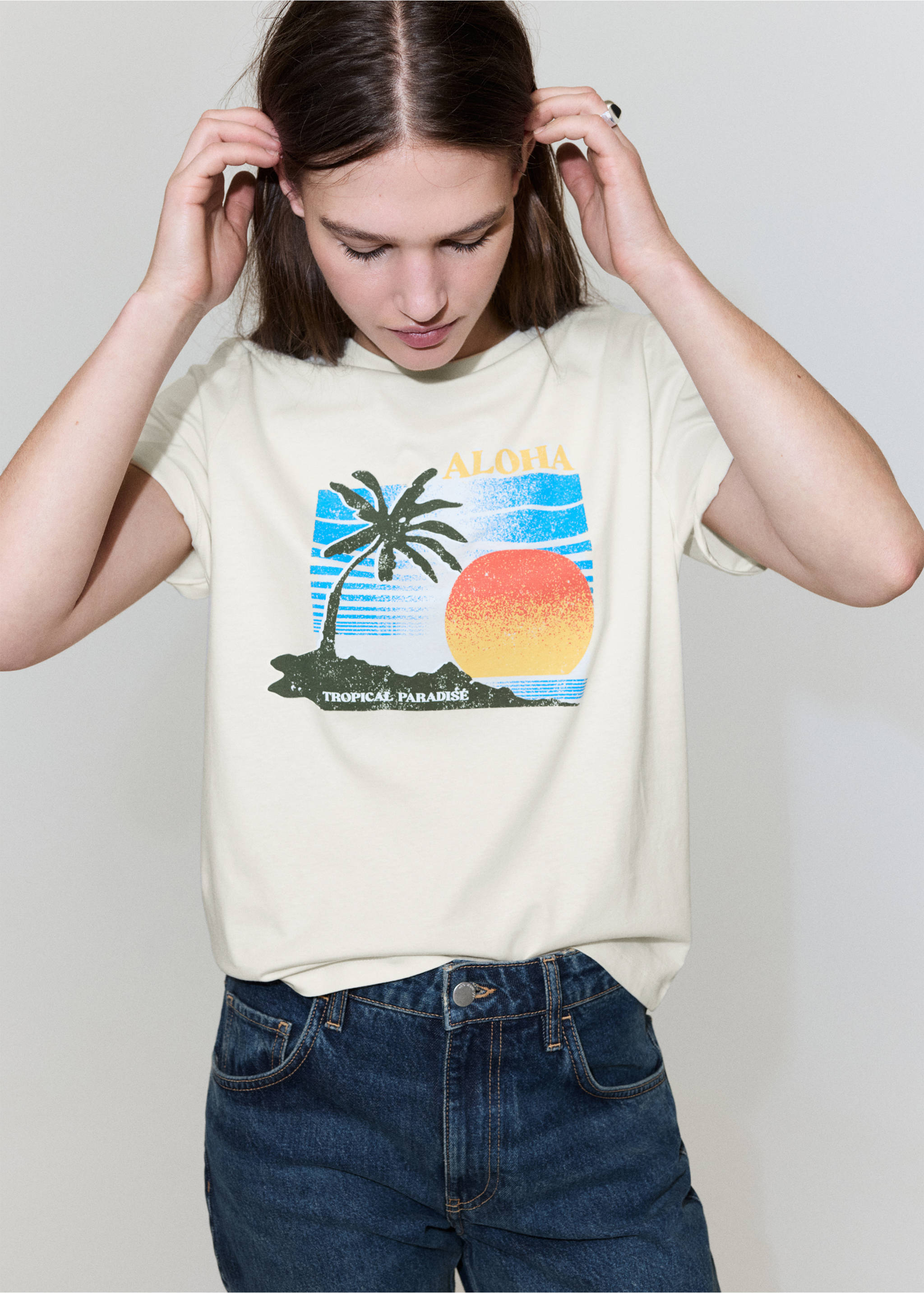 Хлопковая футболка с принтом - Средний план, Бежевый. Ref: 37091352-00.