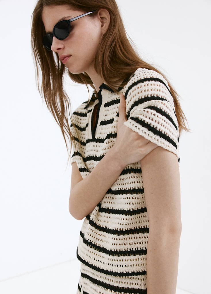 Striped crochet polo — Off White