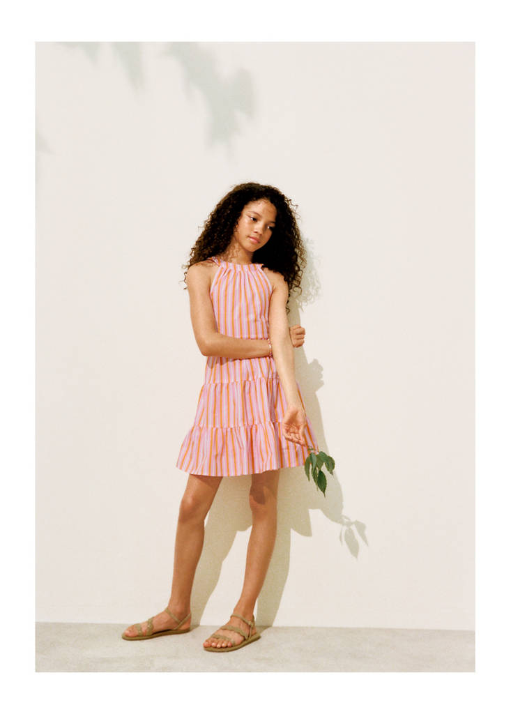 Halter cotton stripe dress — Orange