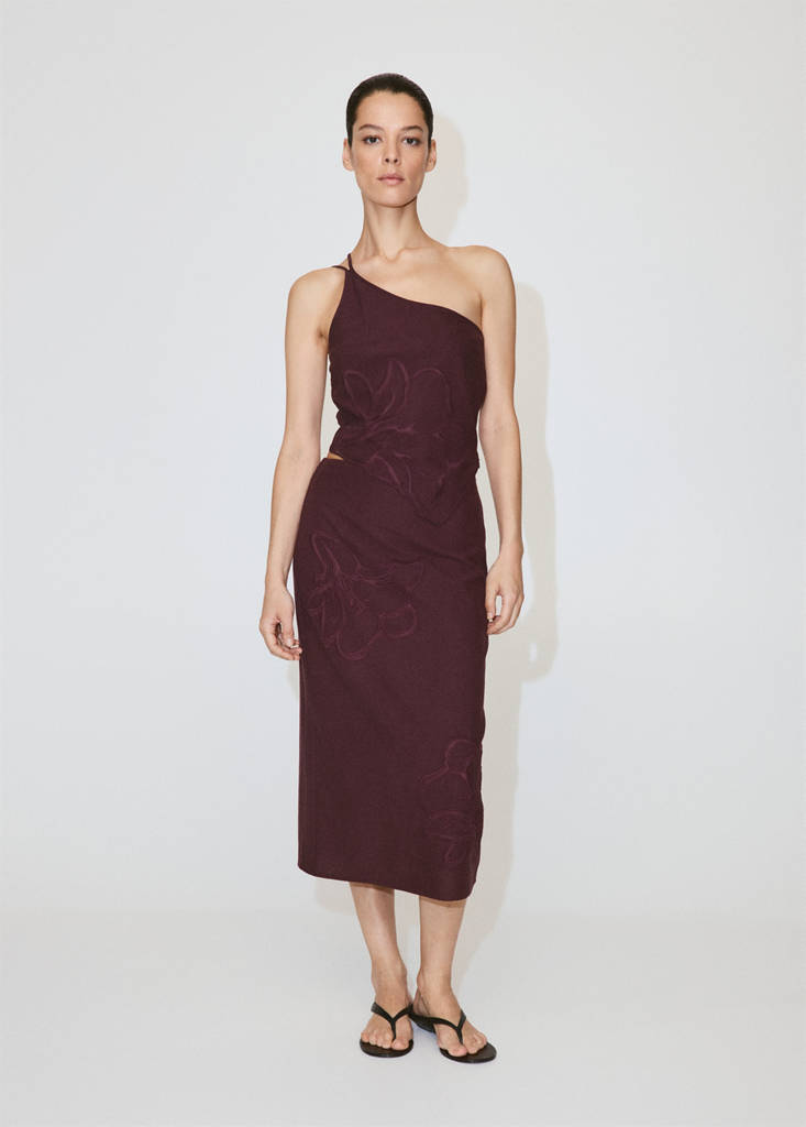 Linen skirt with floral embroidery — Maroon