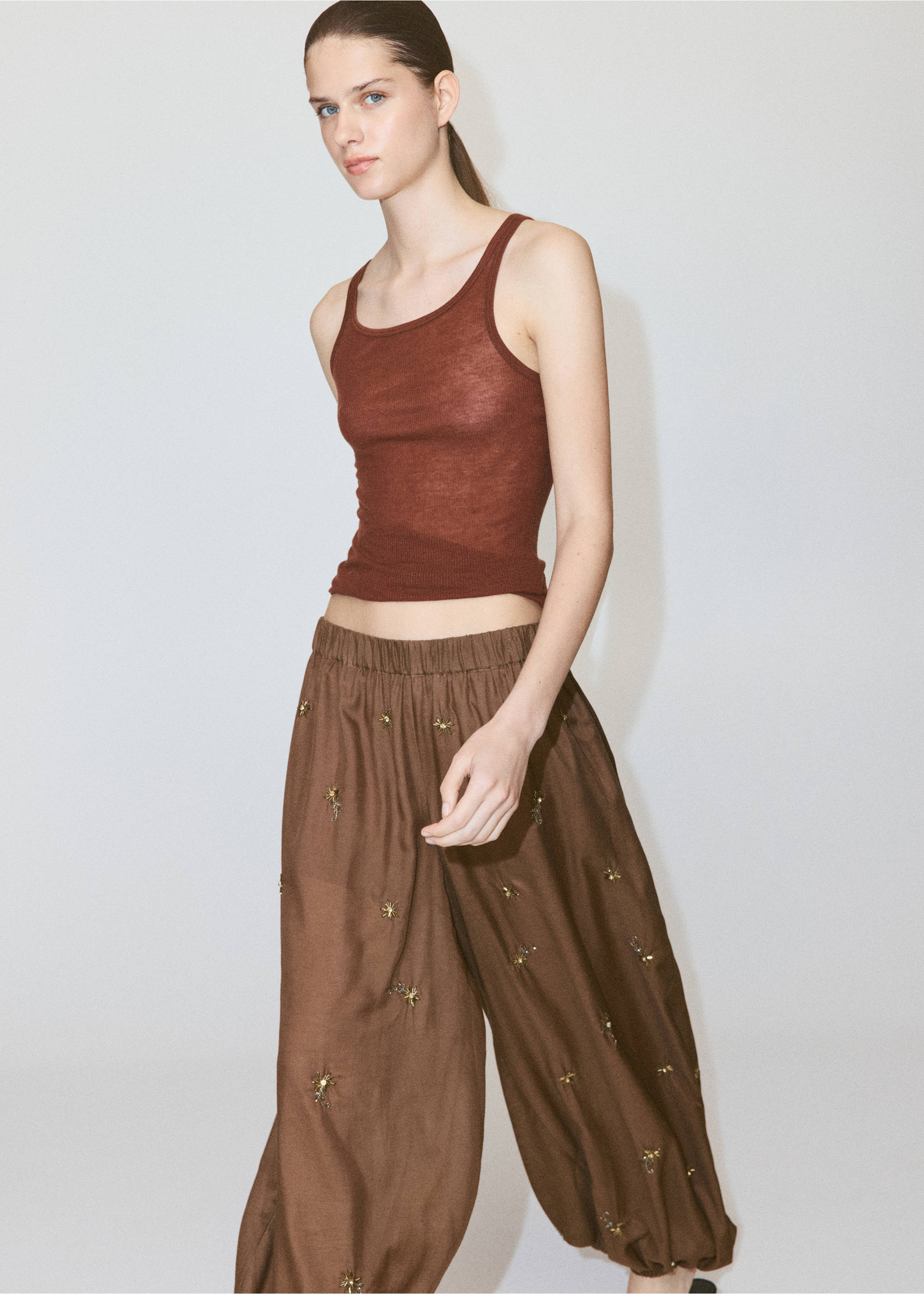 Balloon trousers with embroidered appliqués - Medium plane, Brown. Ref: 37091369-00.