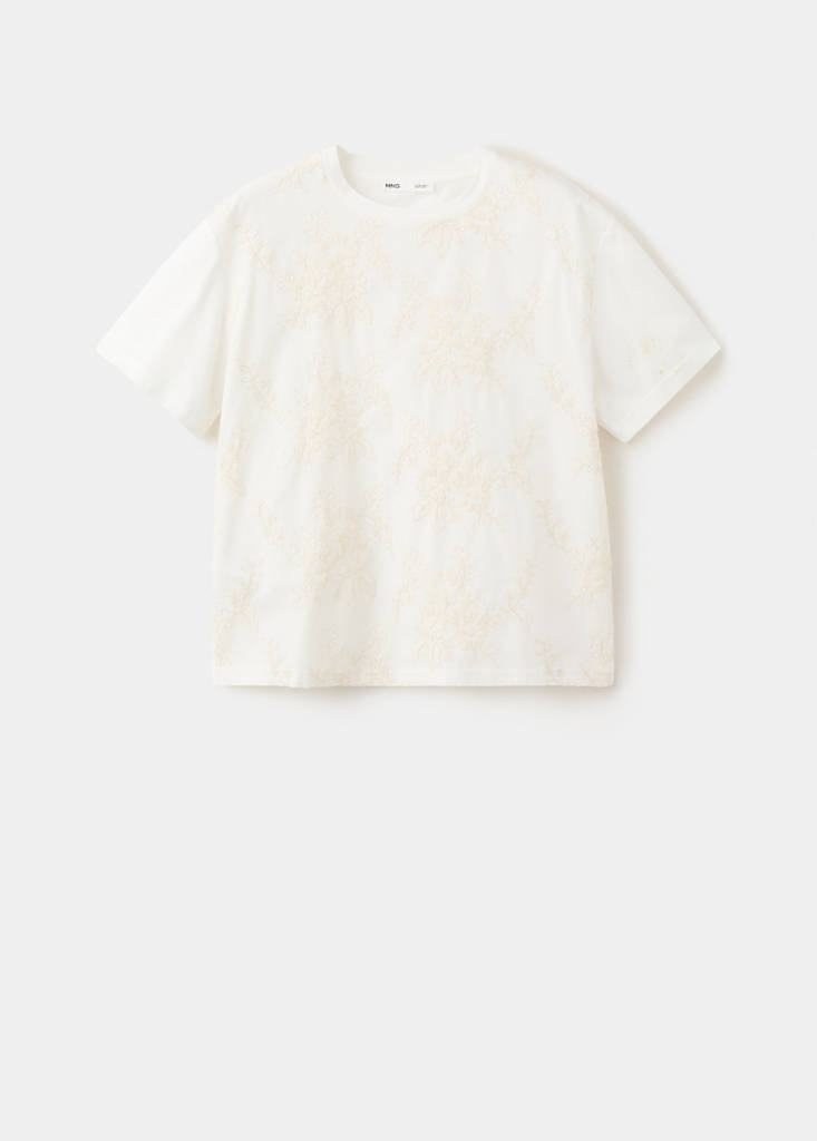 Floral-embroidered cotton t-shirt — Ecru