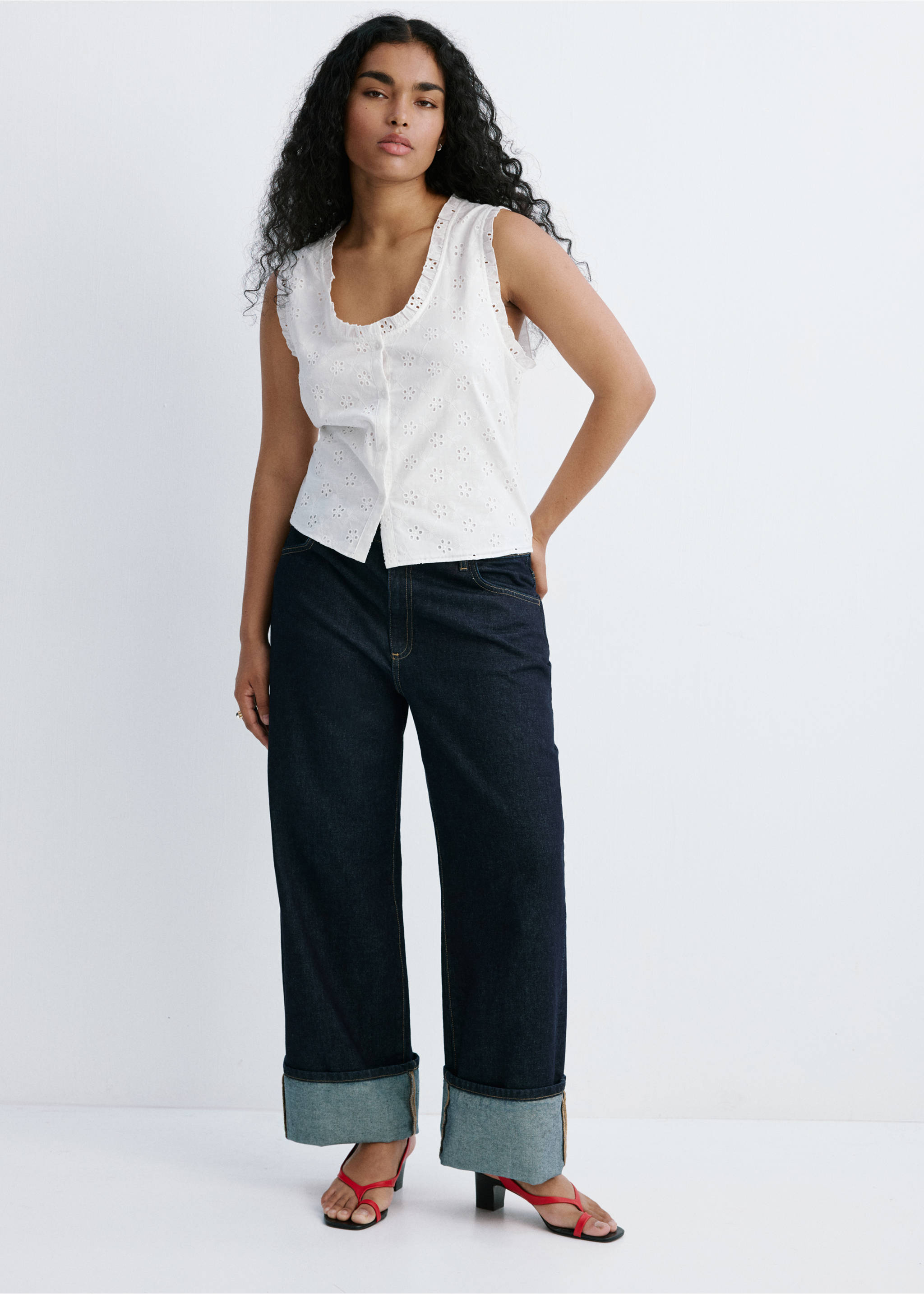 Cotton blouse with broderie anglaise embroidery - Details of the article 3, Off White. Ref: 37091378-00.
