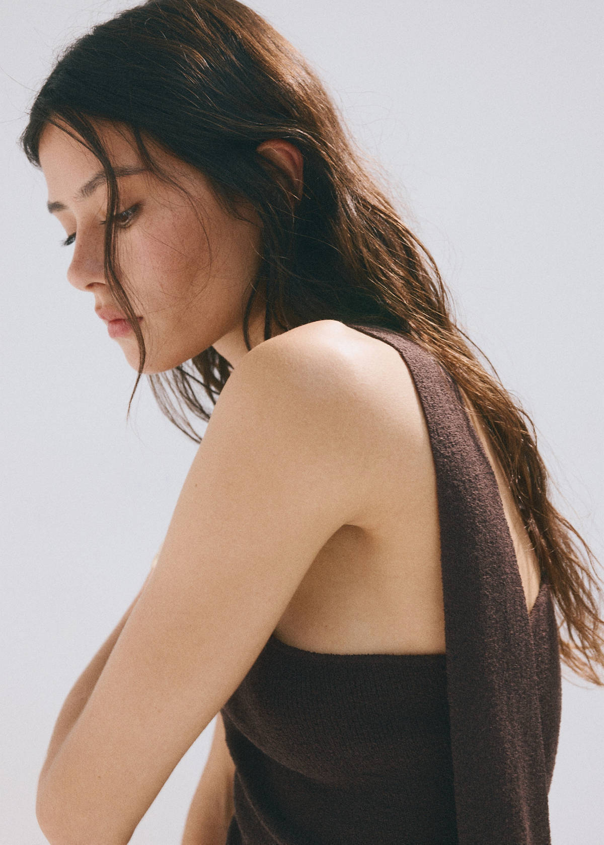 Asymmetric knit dress with foulard — Chocolate
