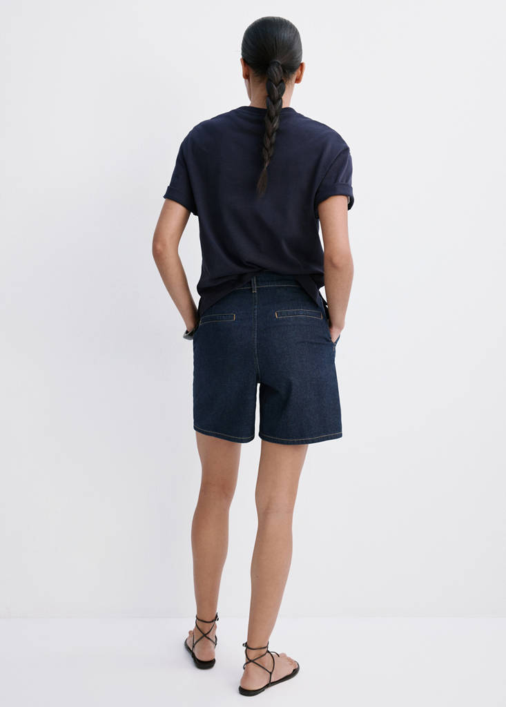 Mid-rise denim bermuda shorts with pleats — Open Blue