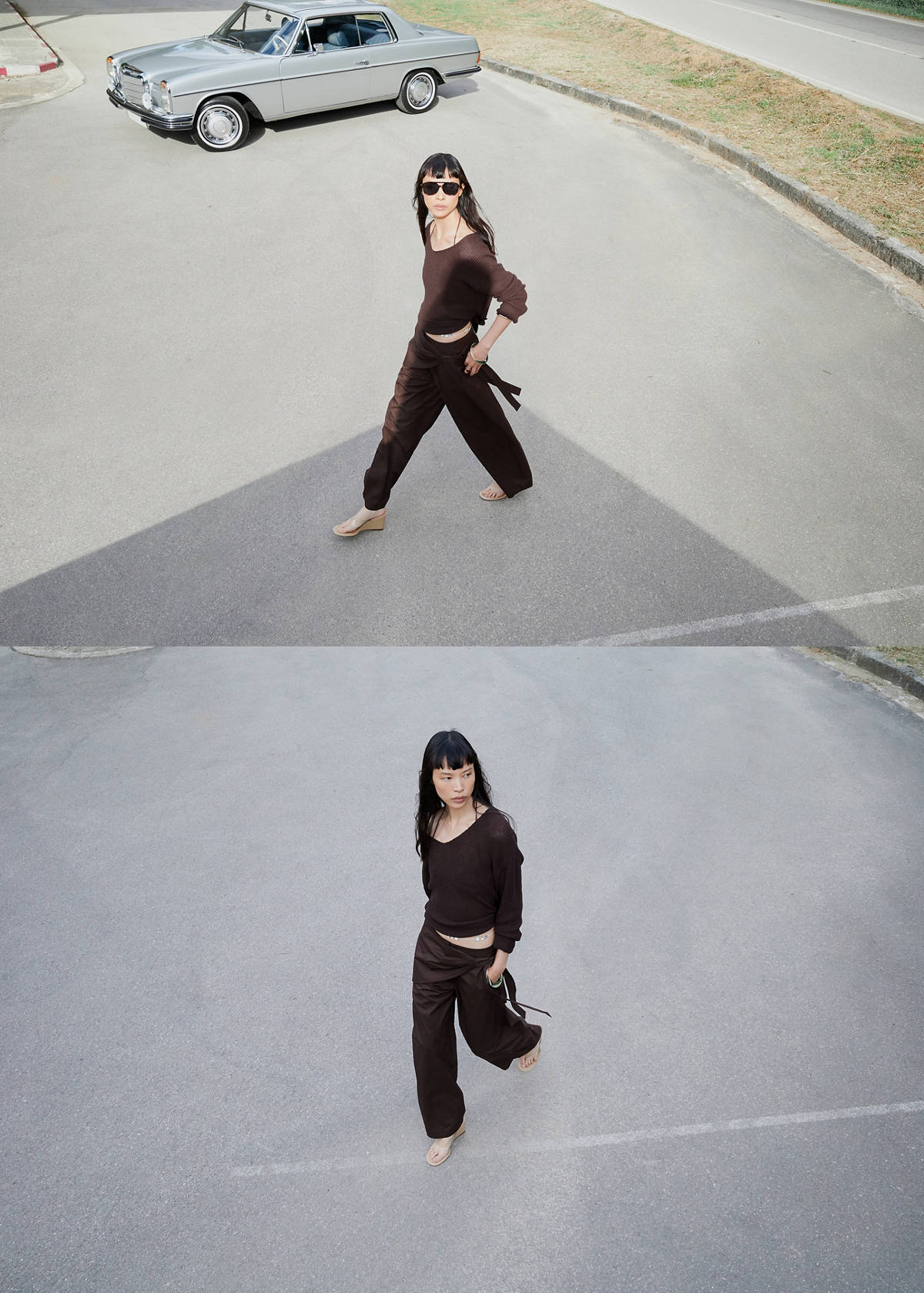 Straight-leg trousers with detachable scarf — Chocolate