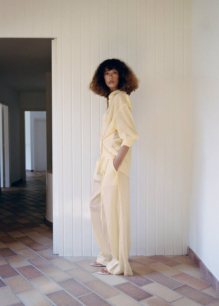 Striped lyocell trousers — Pastel Yellow