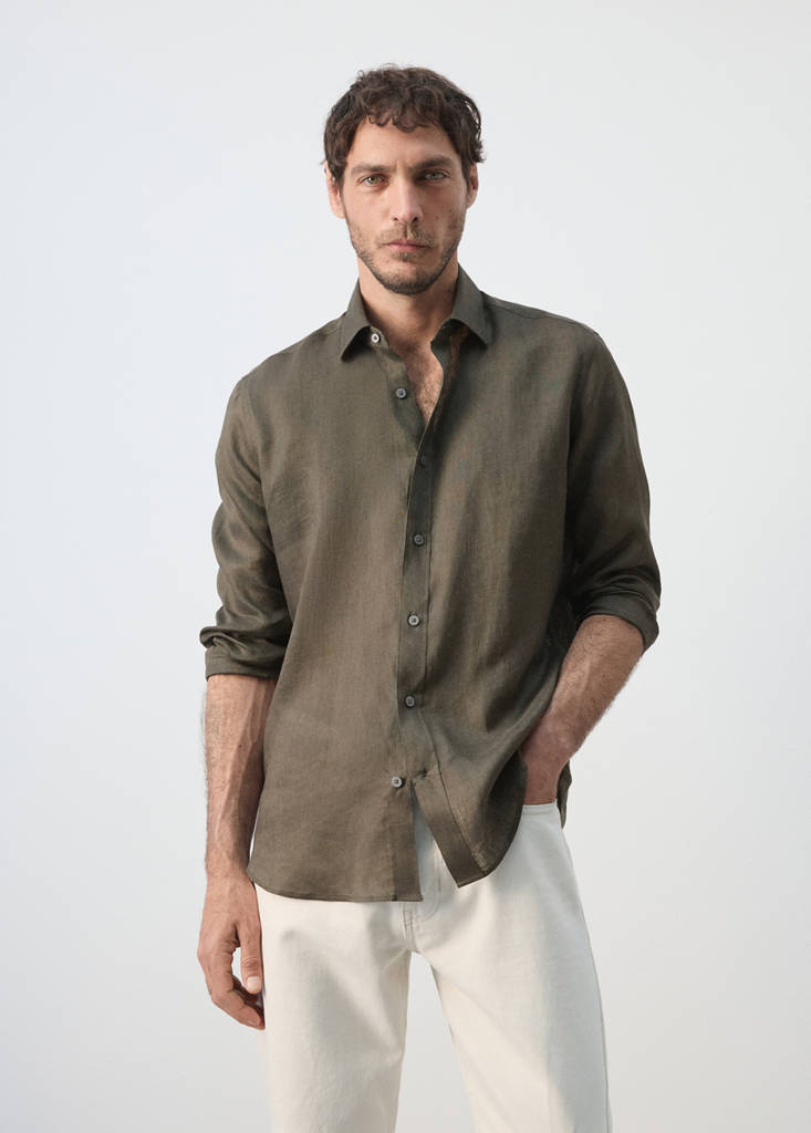 Regular-fit 100% linen shirt — Medium Green