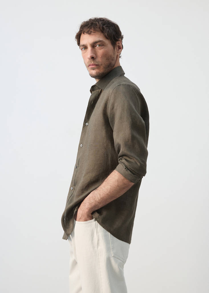 Regular-fit 100% linen shirt — Medium Green