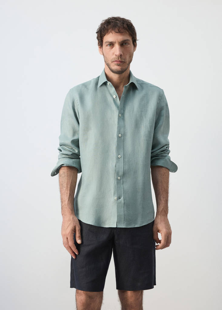 Regular-fit 100% linen shirt — Emerald Green