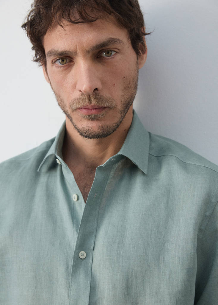 Regular-fit 100% linen shirt — Emerald Green