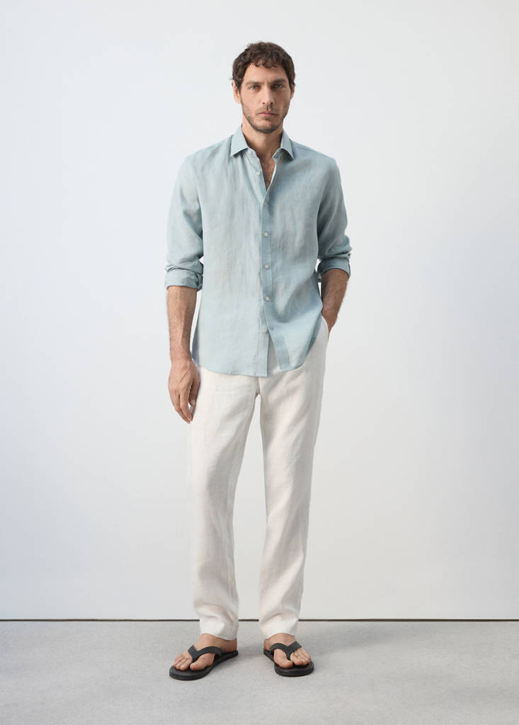 Regular-fit 100% linen shirt — China Blue
