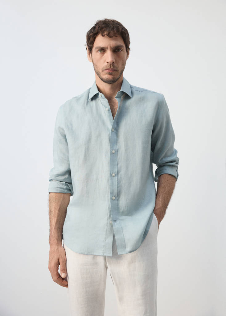 Regular-fit 100% linen shirt — China Blue