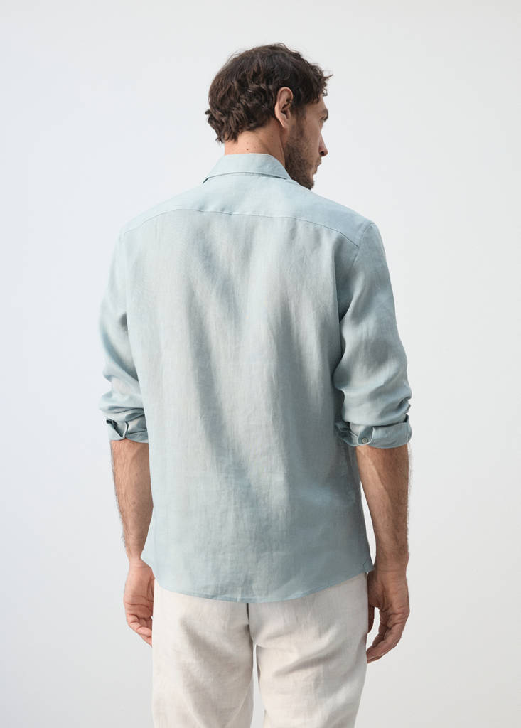Regular-fit 100% linen shirt — China Blue