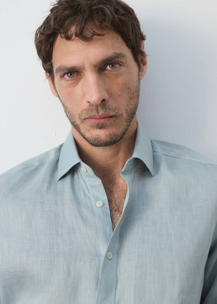 Regular-fit 100% linen shirt — China Blue