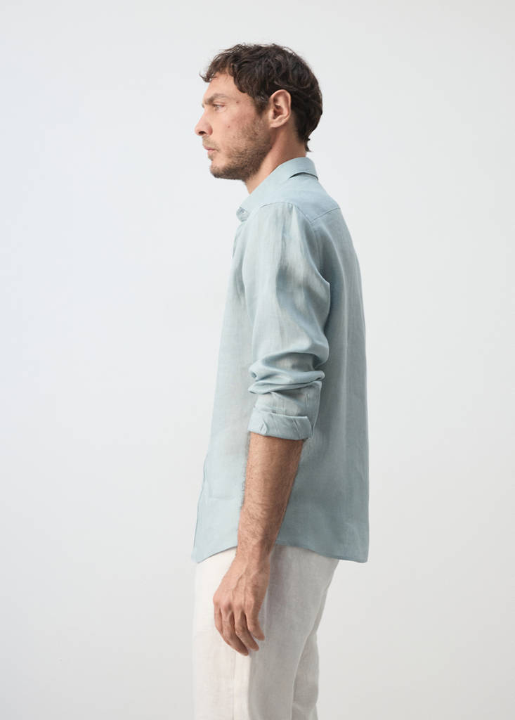 Regular-fit 100% linen shirt — China Blue