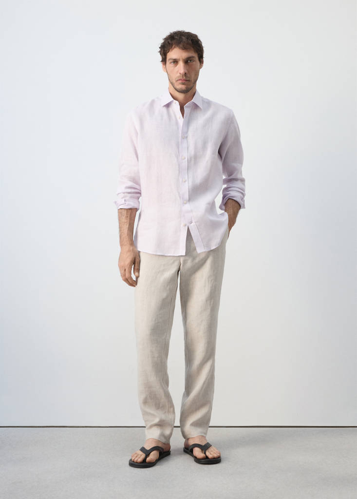 Regular-fit 100% linen shirt — Pale Pink