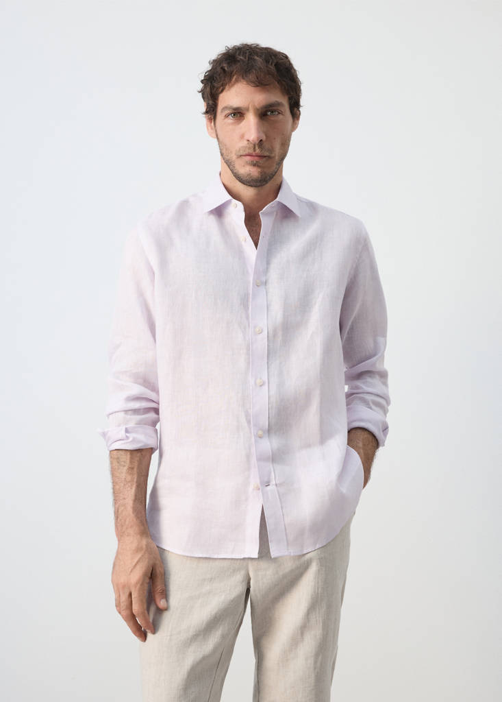 Regular-fit 100% linen shirt — Pale Pink