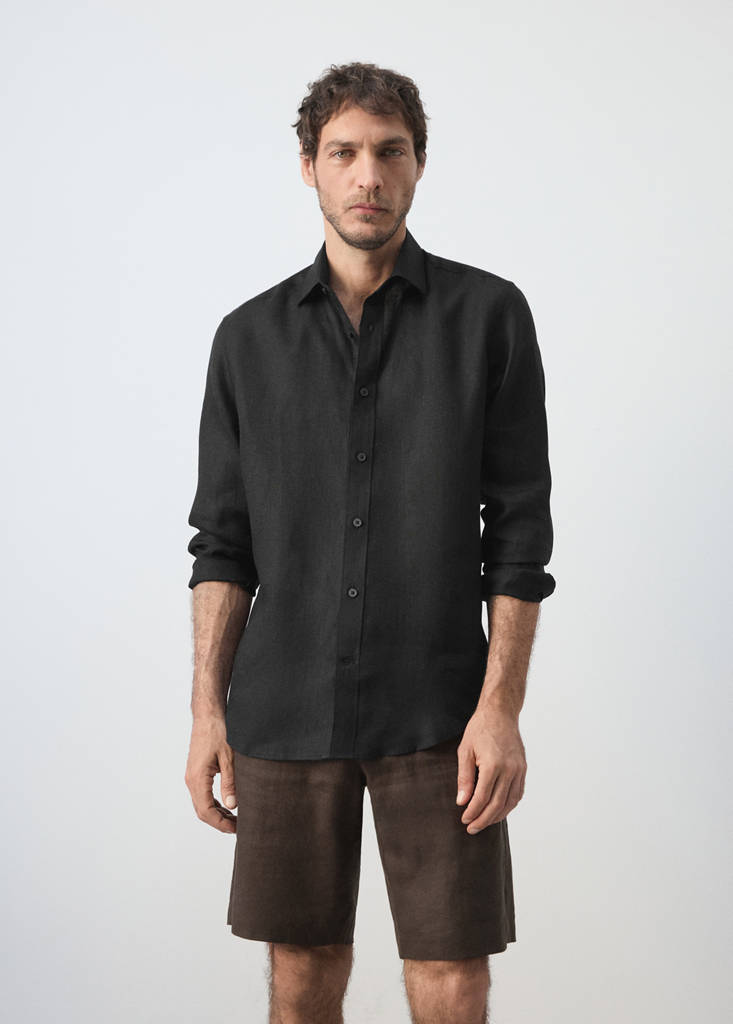 Regular-fit 100% linen shirt — Black