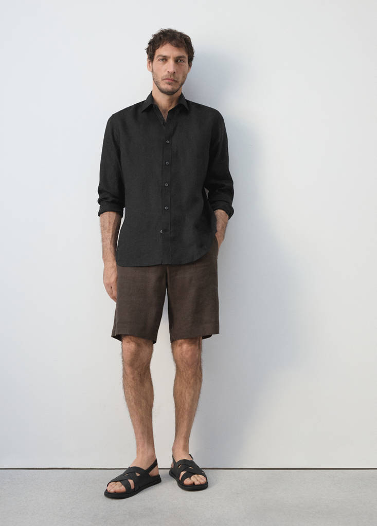 Regular-fit 100% linen shirt — Black