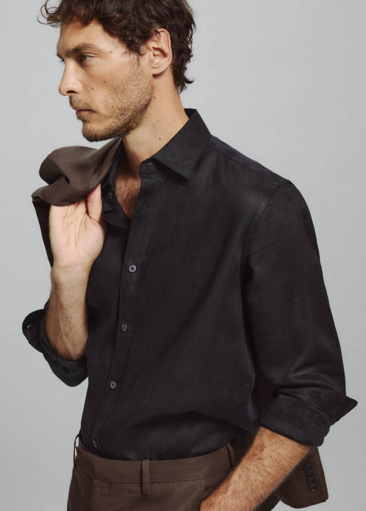 Regular-fit 100% linen shirt — Black