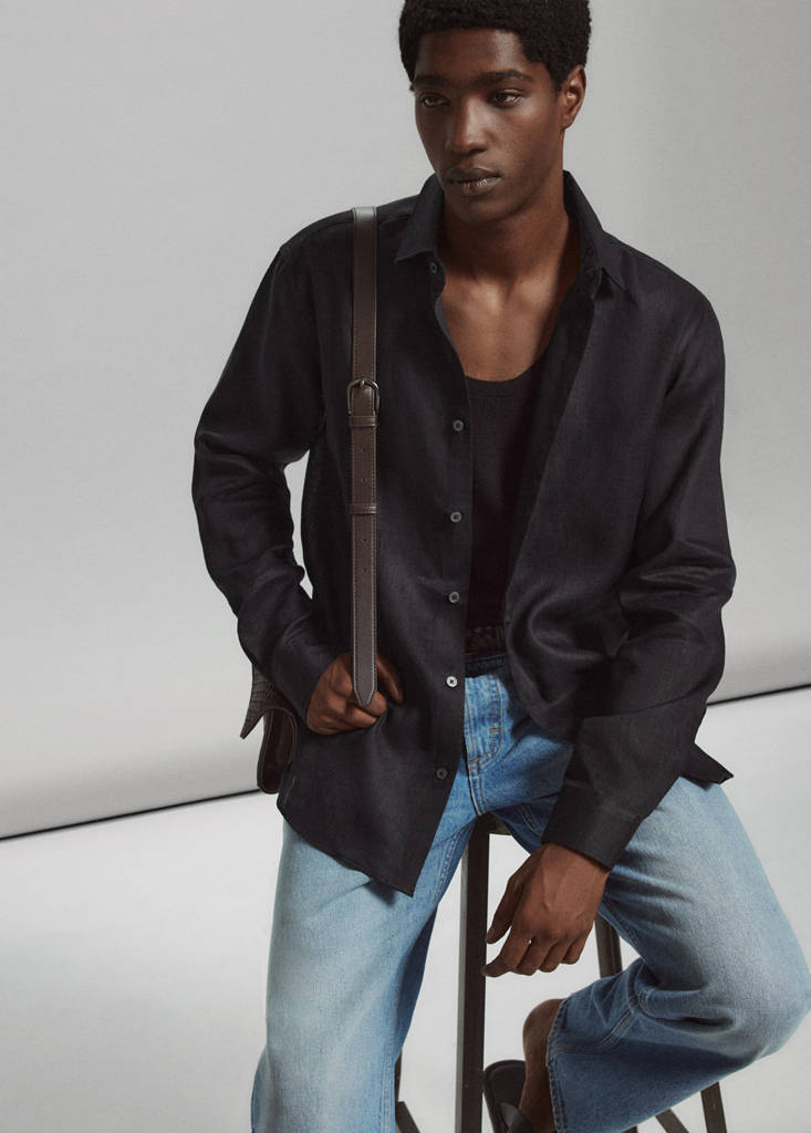 Regular-fit 100% linen shirt — Black