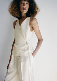 Linen blend cross-over jumpsuit — Ecru 1