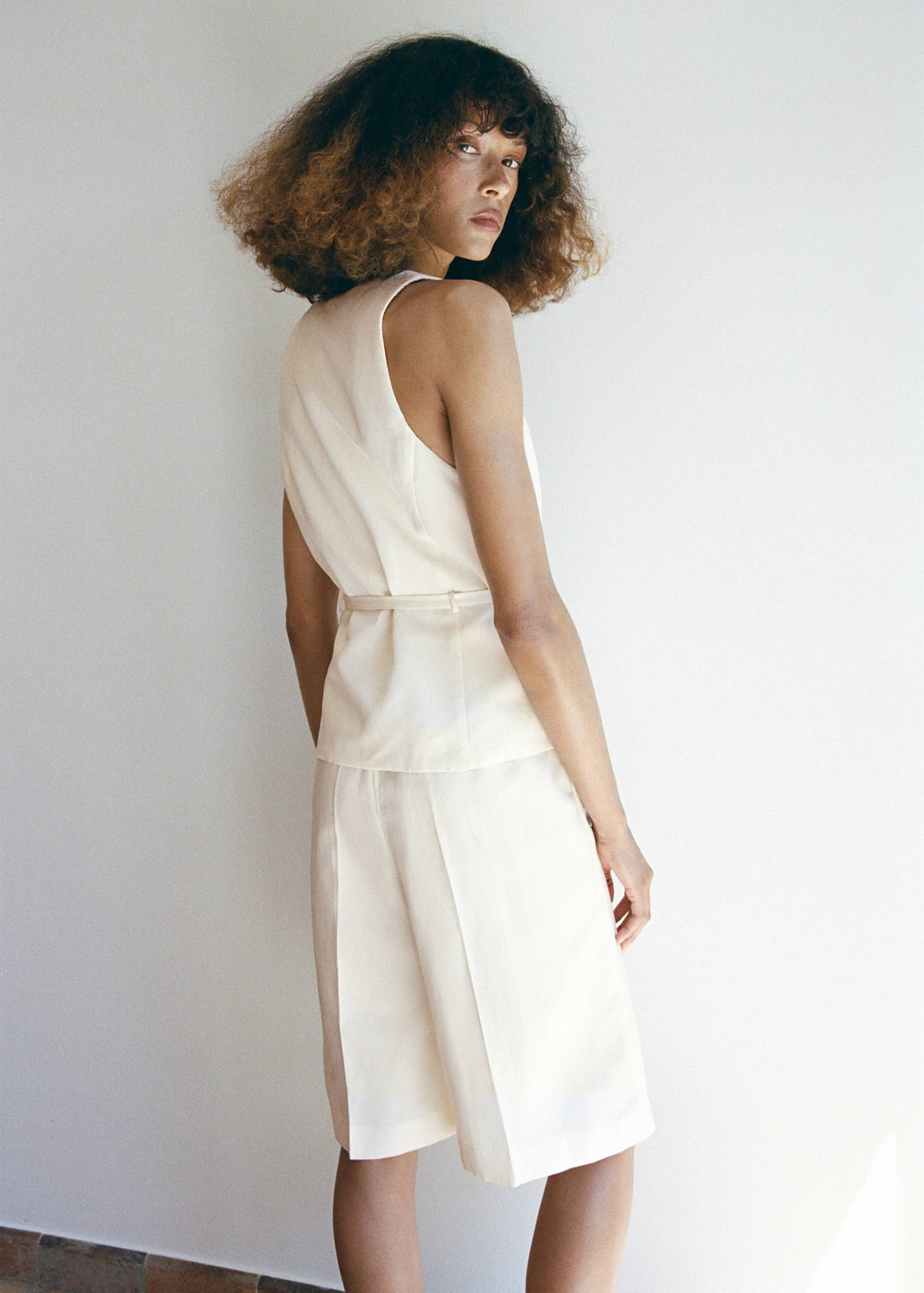 Linen blend cross-over jumpsuit — Ecru