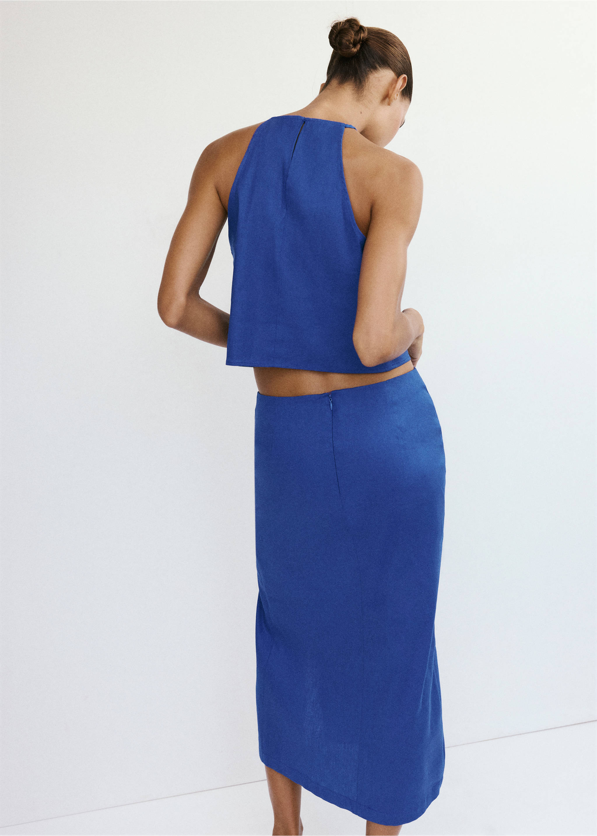 Jupe midi en mélange de lin et coton - Verso de l’article, Bleu. Ref: 37091415-00.