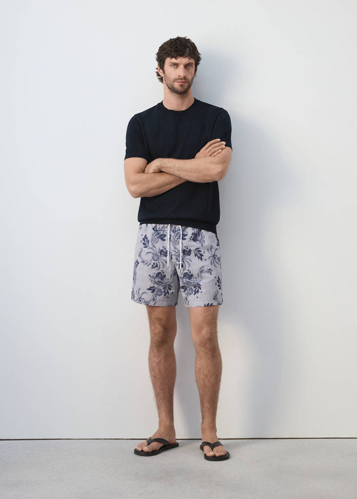 Printed drawstring swimming costume — Navy