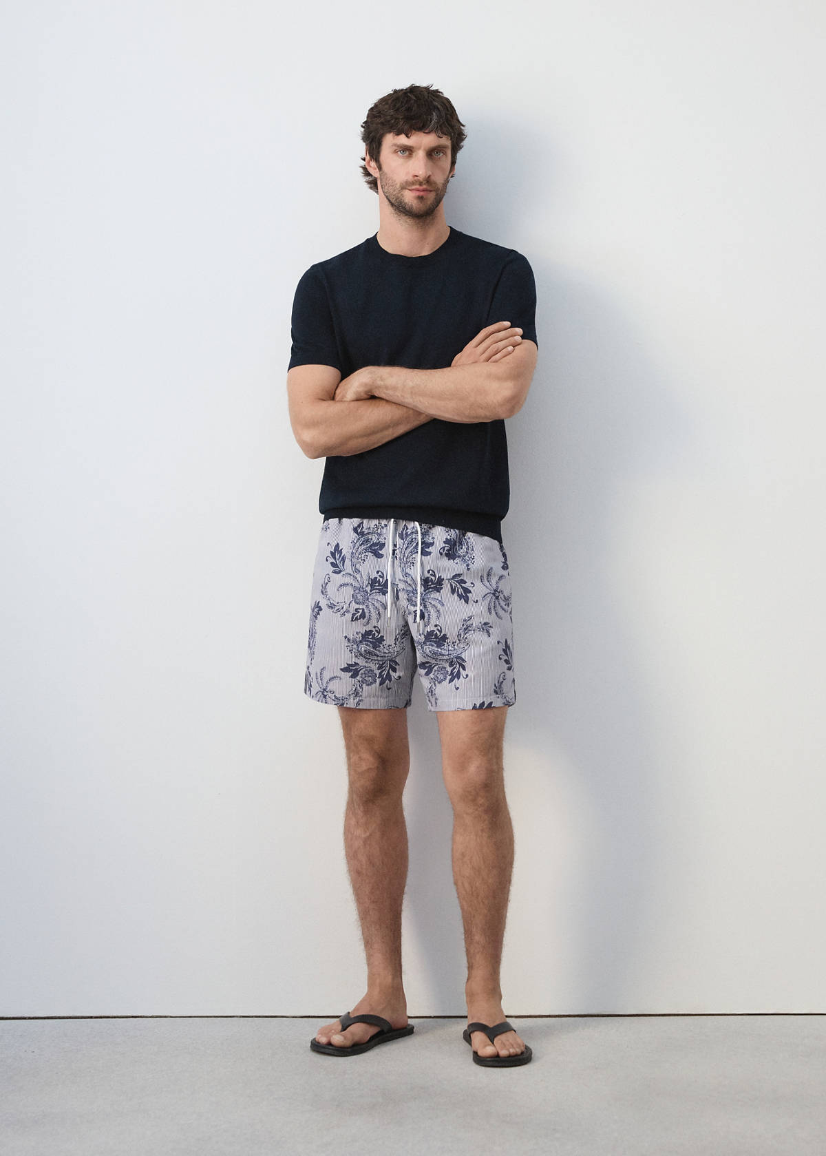 Printed drawstring swimming costume — Navy