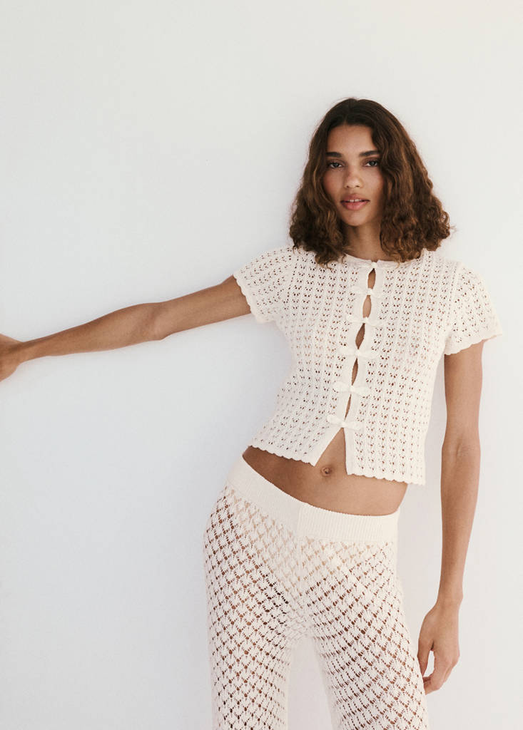 Open-knit toggle cardigan — Ecru