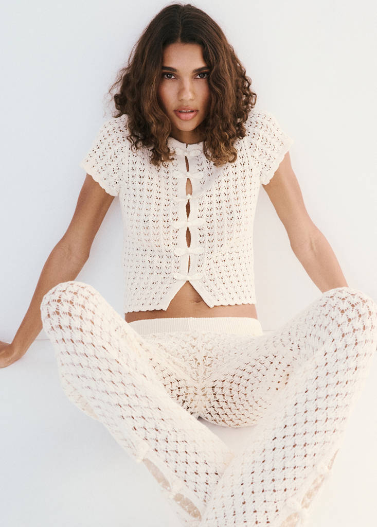 Open-knit toggle cardigan — Ecru