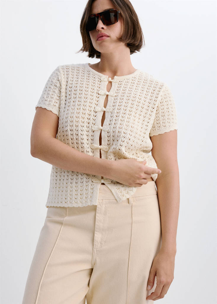 Open-knit toggle cardigan — Ecru