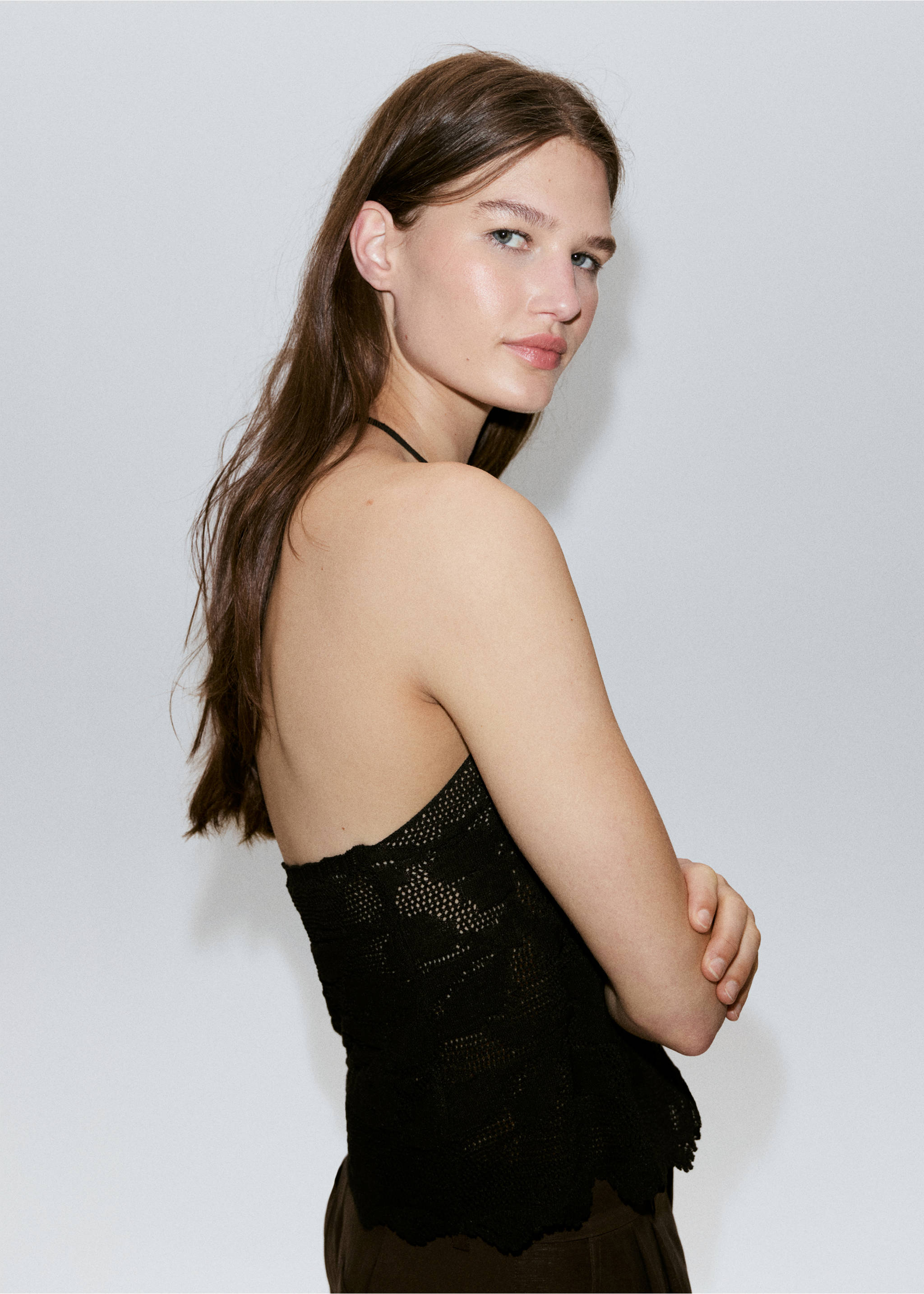 Embroidered knit halter top - Details of the article 1, Black. Ref: 37091455-00.