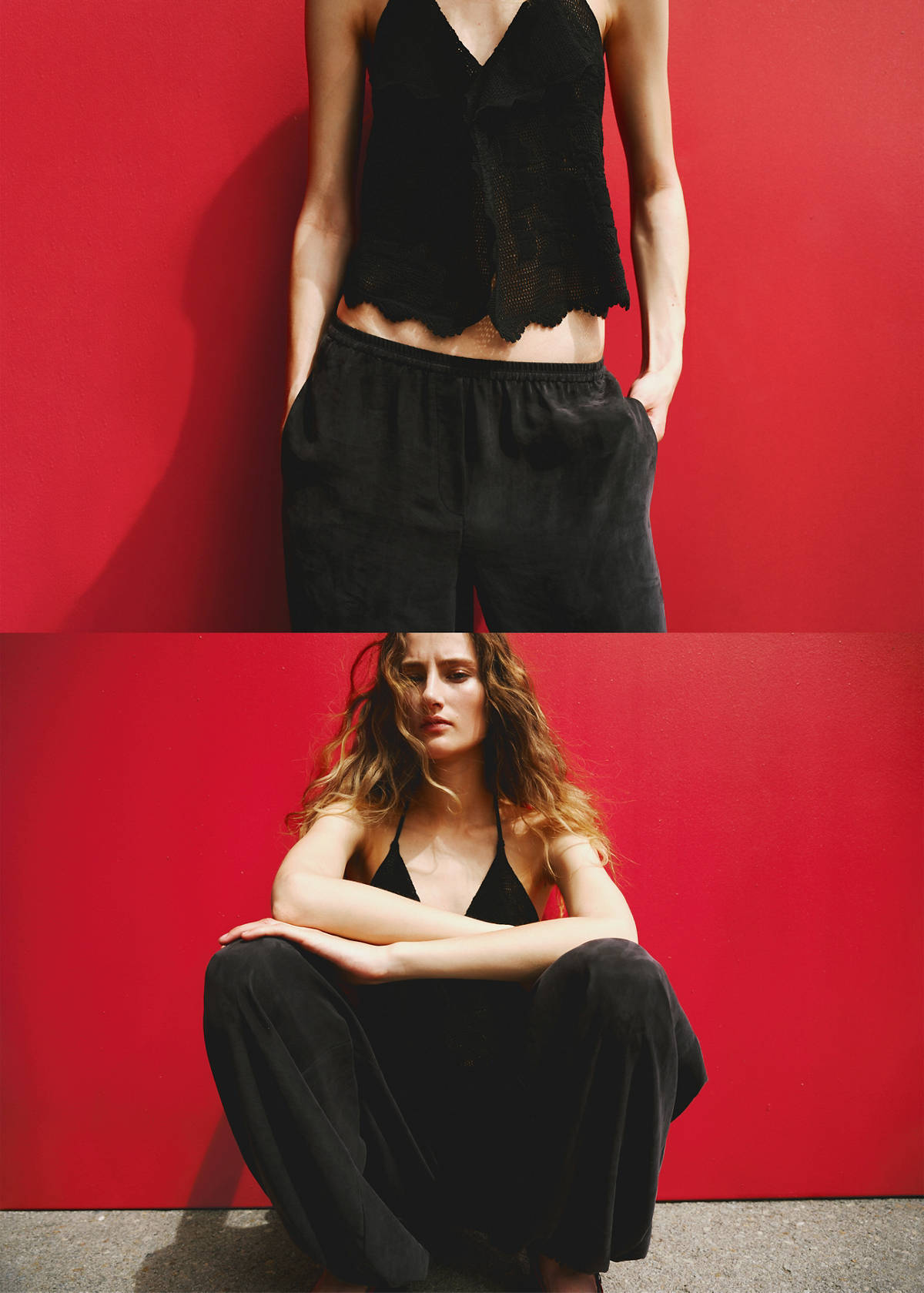 Embroidered knit halter top — Black