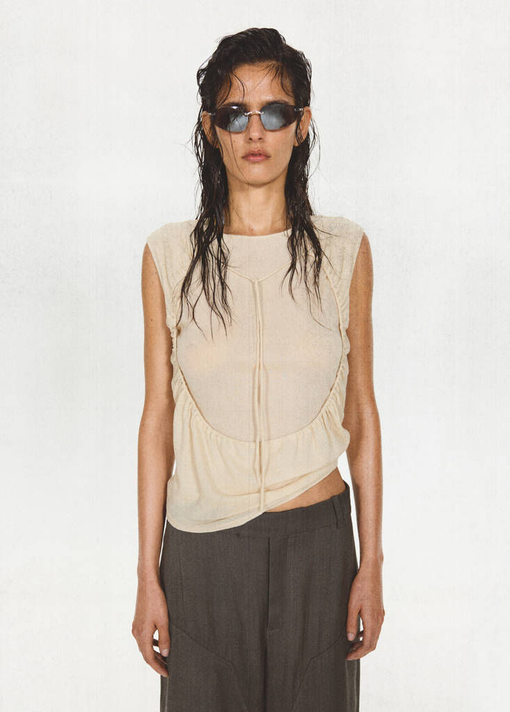 Ruched split overlay top — Ecru