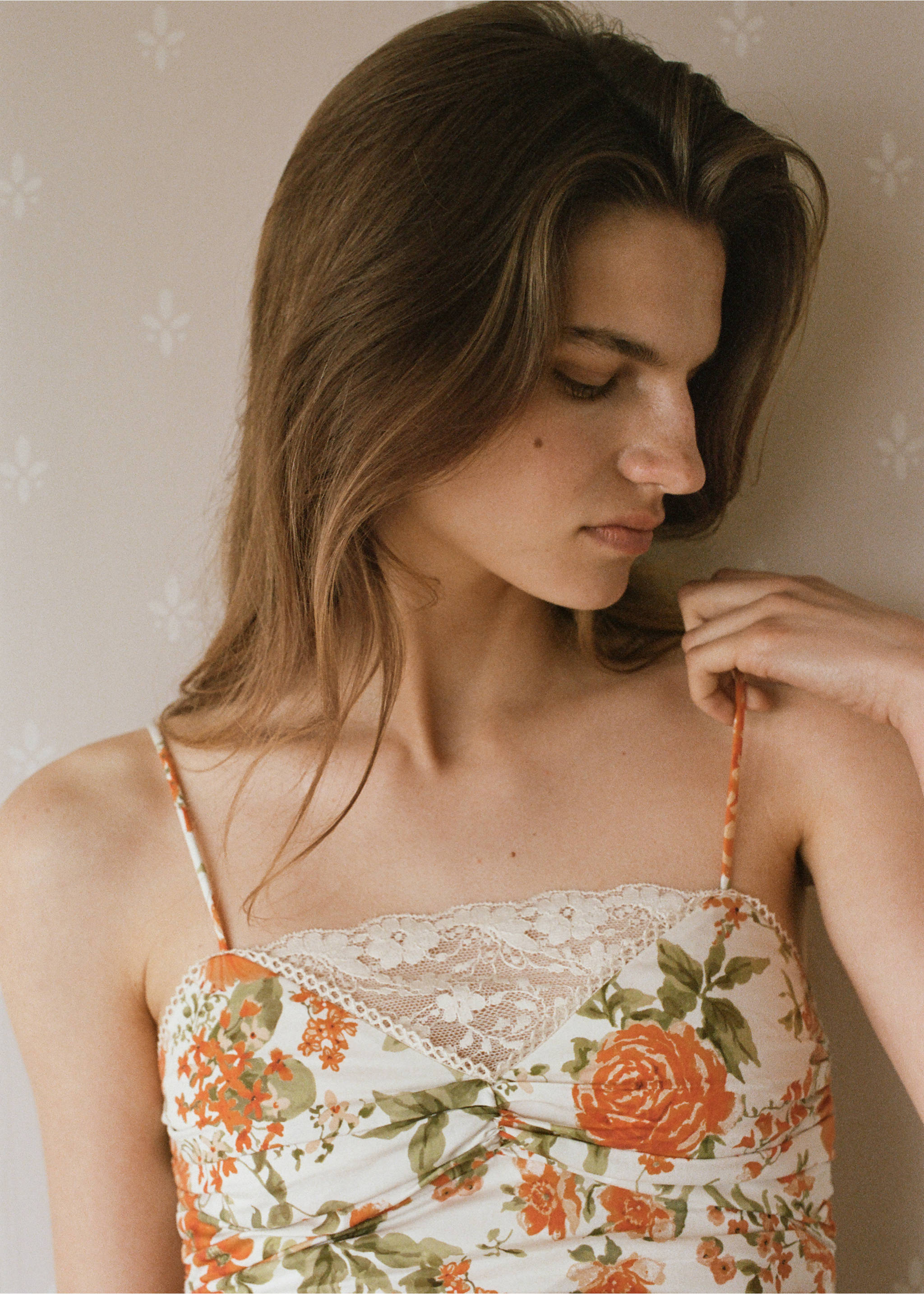Draped floral top - Details of the article 1, Orange. Ref: 37091462-00.