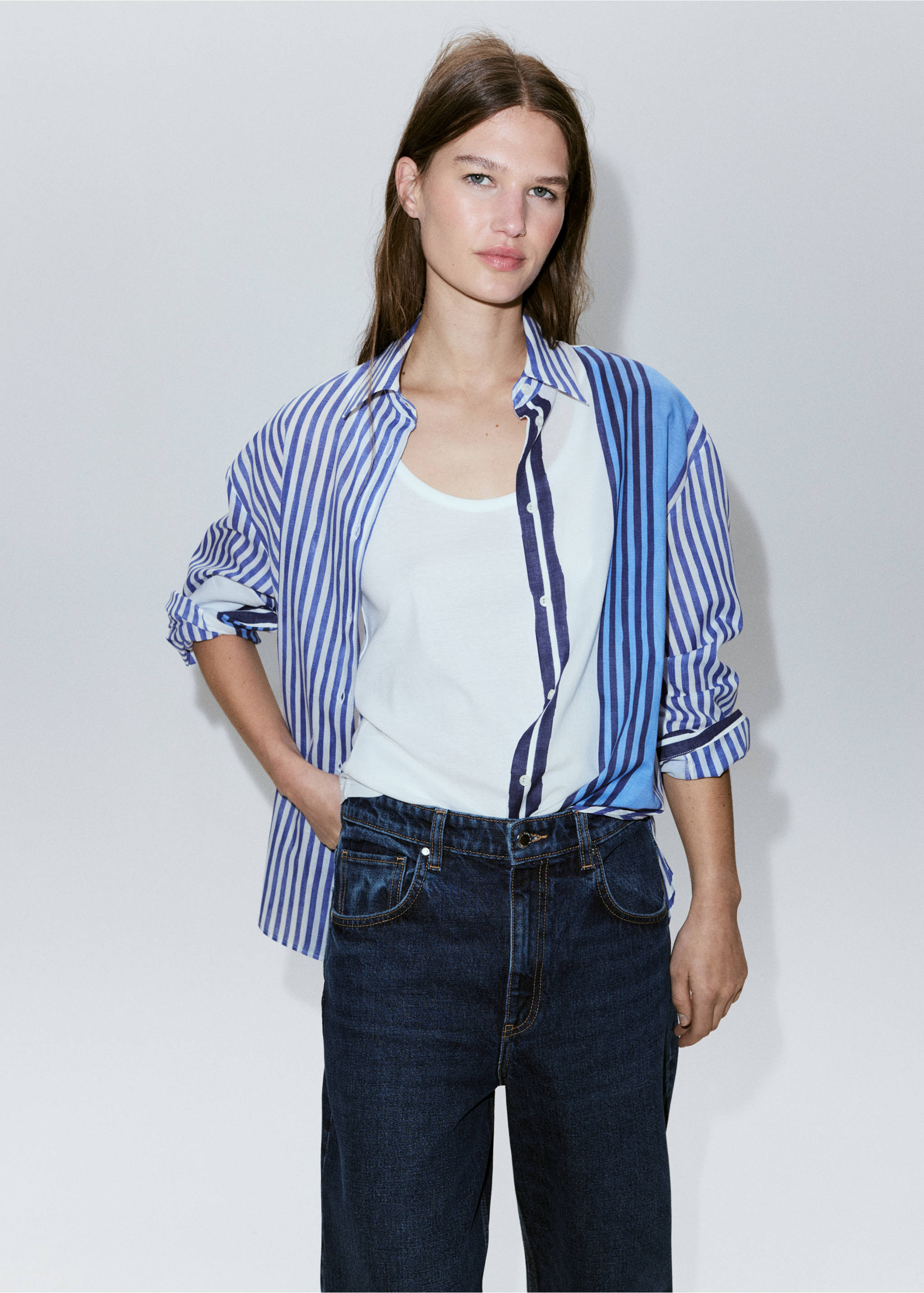 100% cotton striped shirt - Details of the article 1, Blue. Ref: 37091467-00.