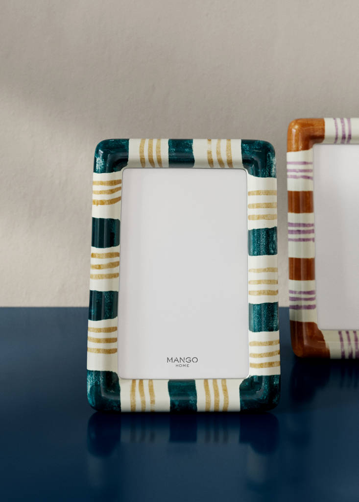 Small ceramic striped photo frame — Petrol Blue