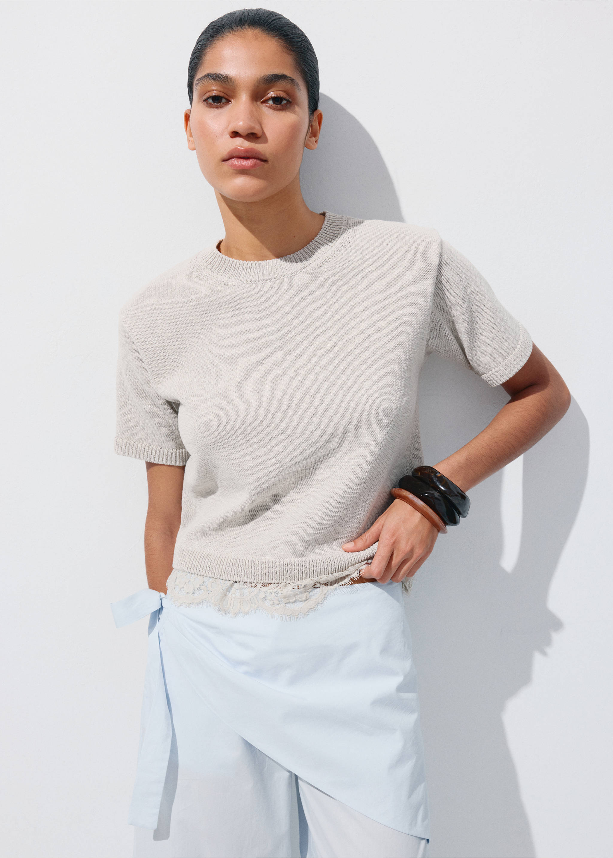 Ribbed lace-trimmed jumper - Medium plane, Light/Pastel Grey. Ref: 37091486-00.