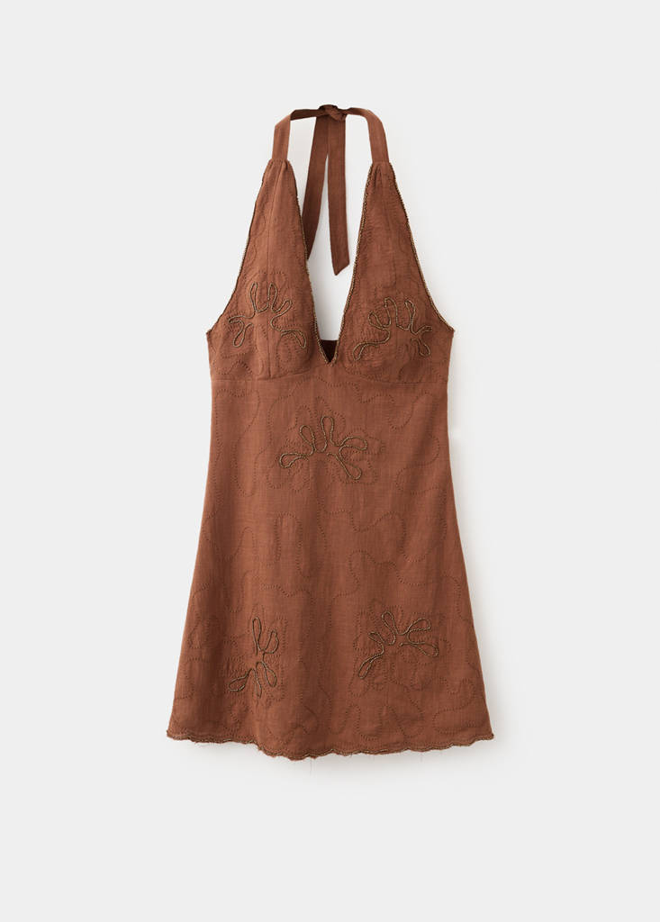 Short embroidered halter dress — Brown