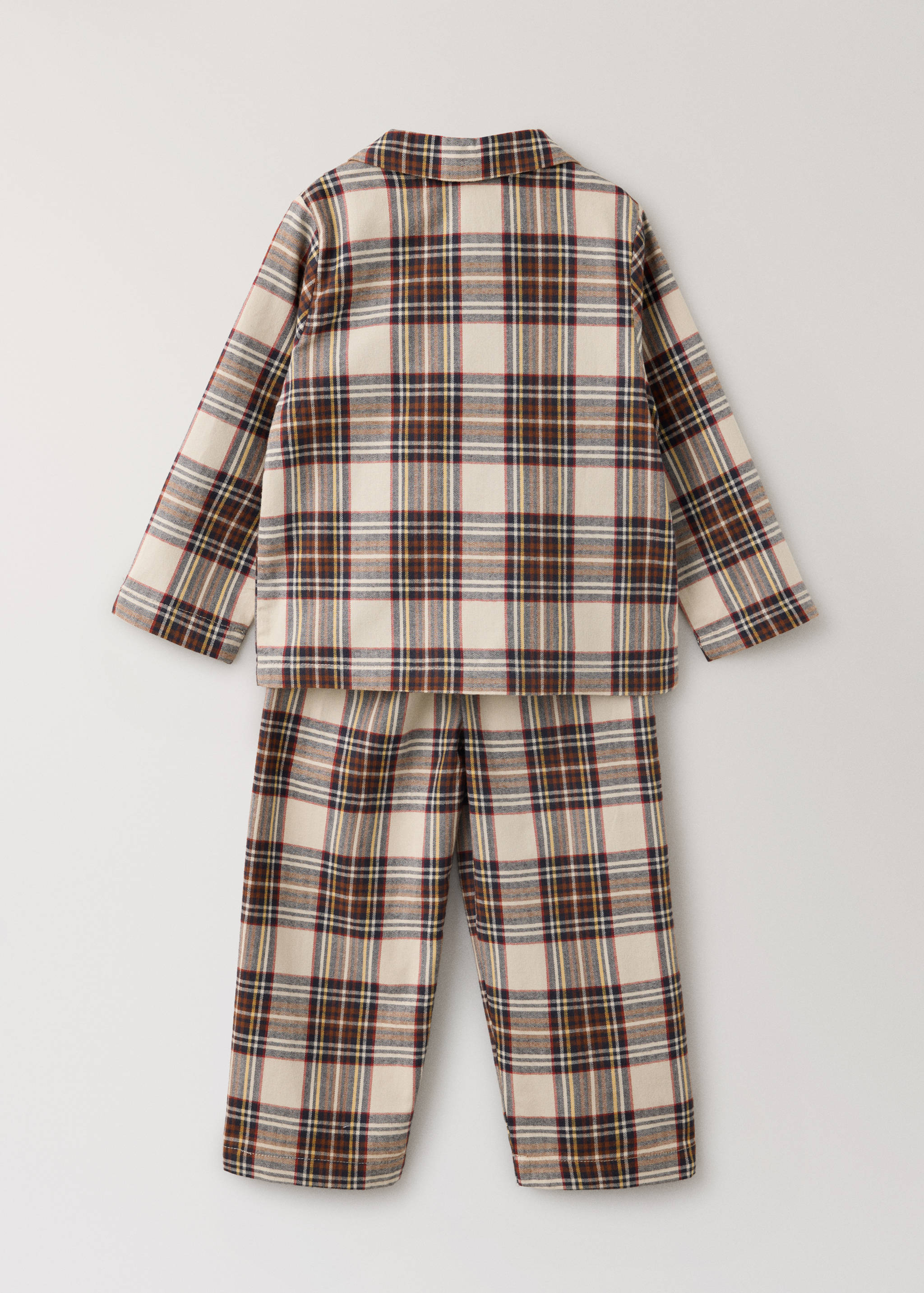 Cream plaid pyjama set featuring a long-sleeve shirt and trousers, back view.