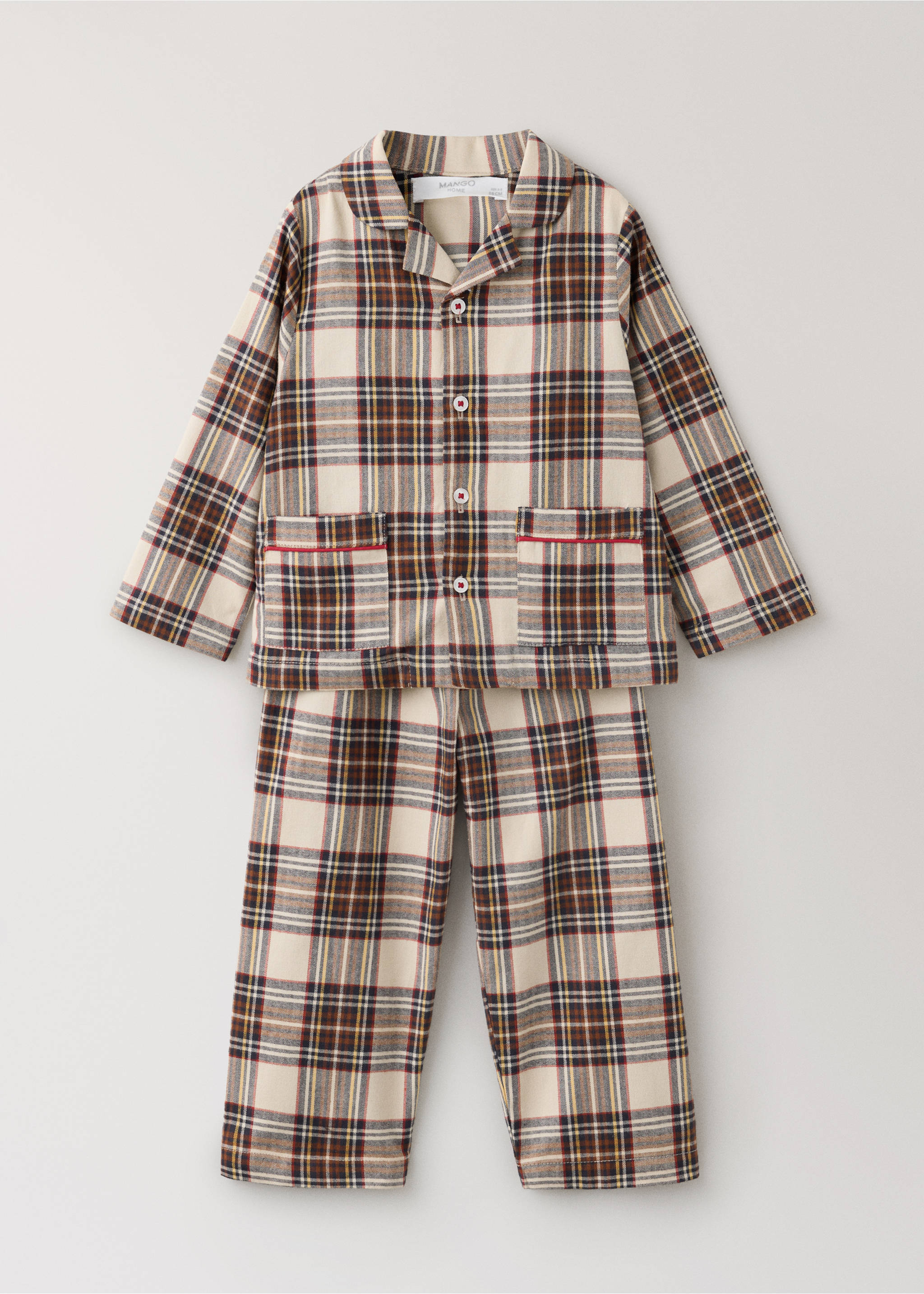 Cream and brown tartan plaid pyjama set with long sleeves and a lapel collar., Red. Ref: 37091543-00.