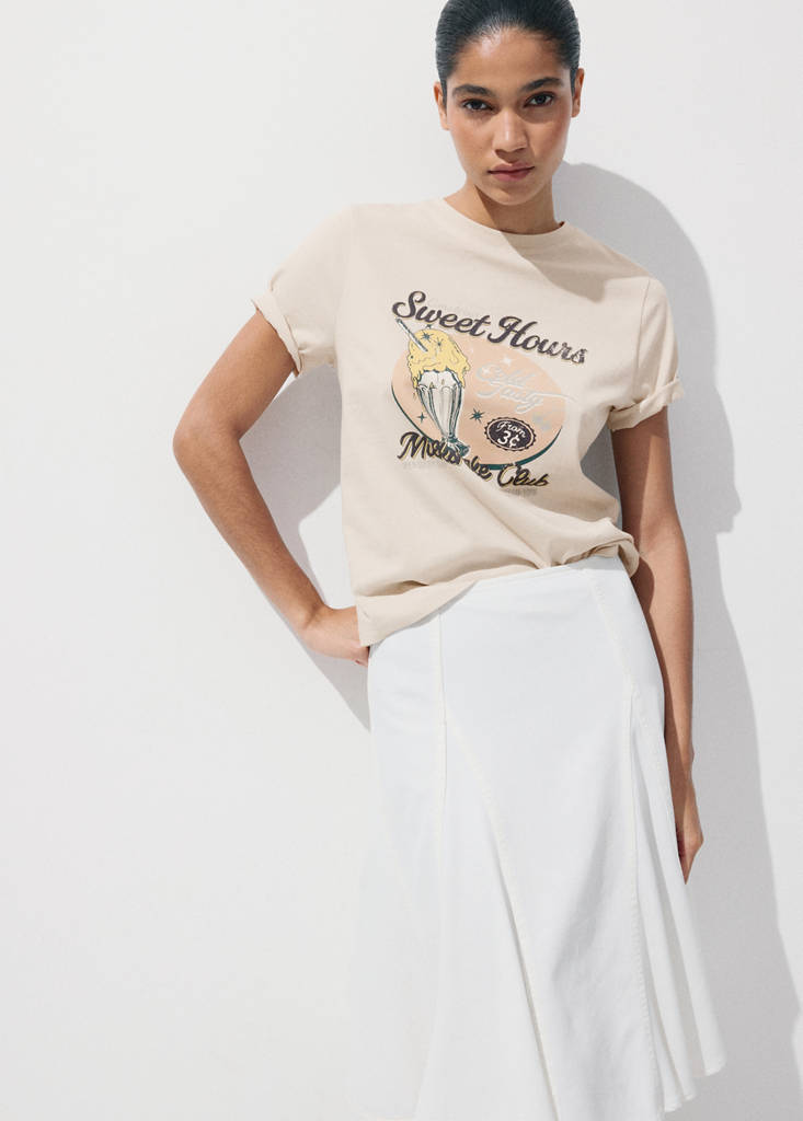 Printed cotton-blend t-shirt — Beige