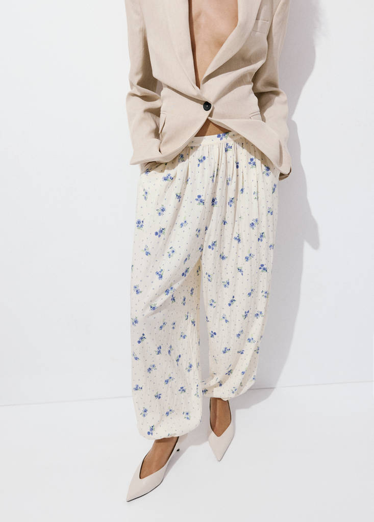 Floral print baggy trousers — White