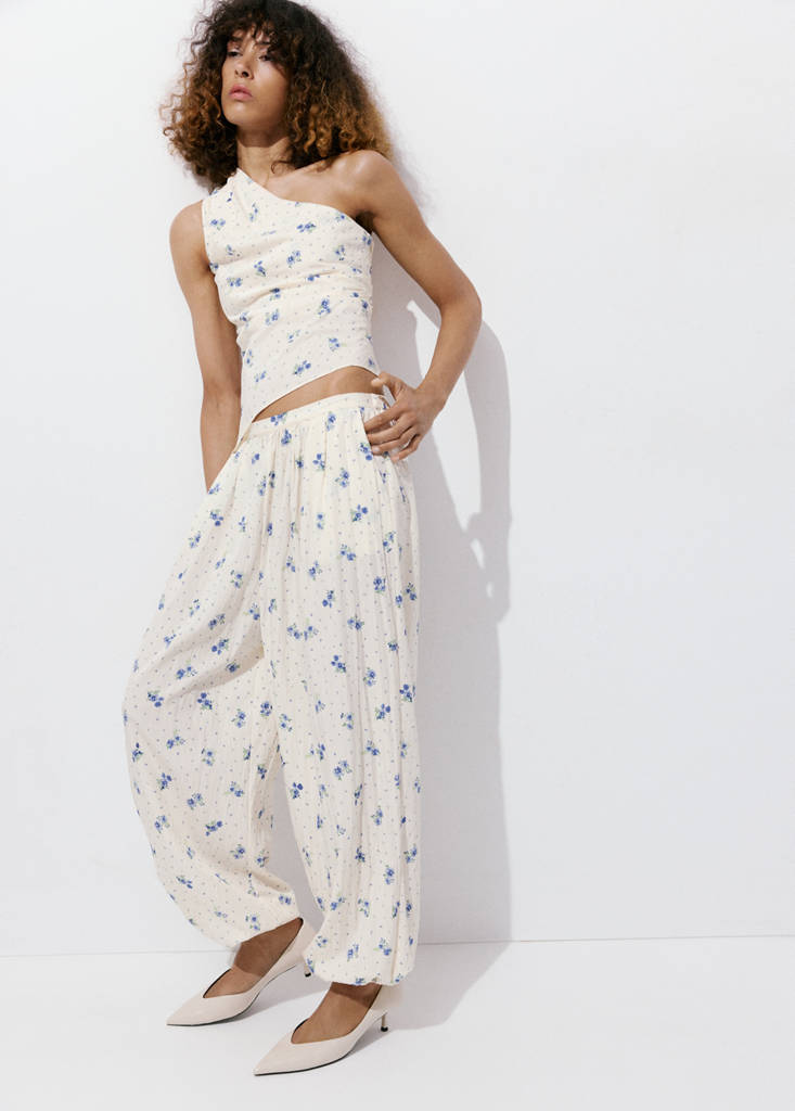 Floral print baggy trousers — White