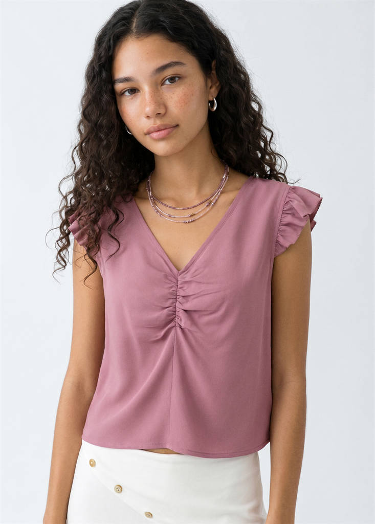 V-neck top with frill detail — Maroon