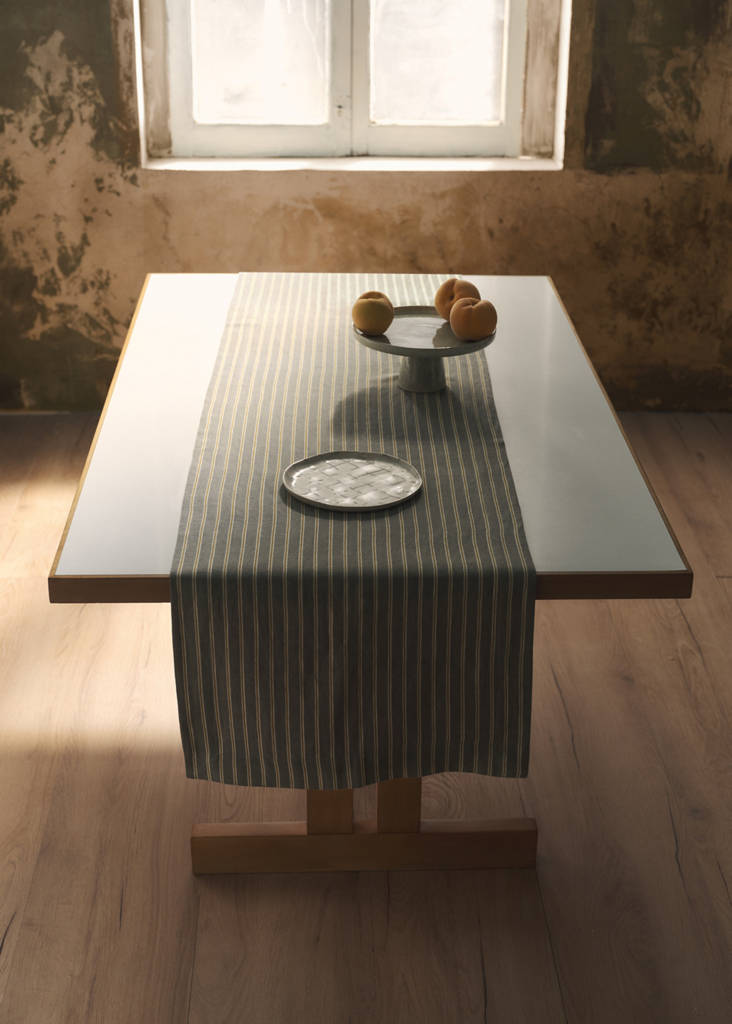Linen cotton striped table runner — Green
