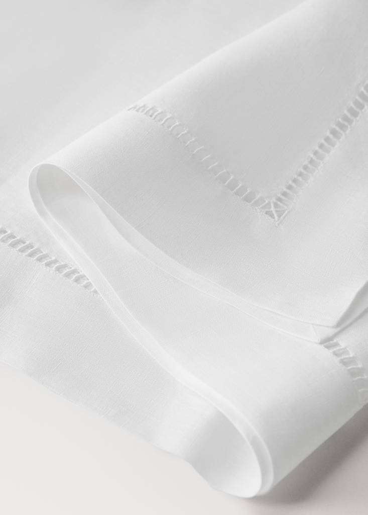Linen table runner with embroidered hemstitch — White
